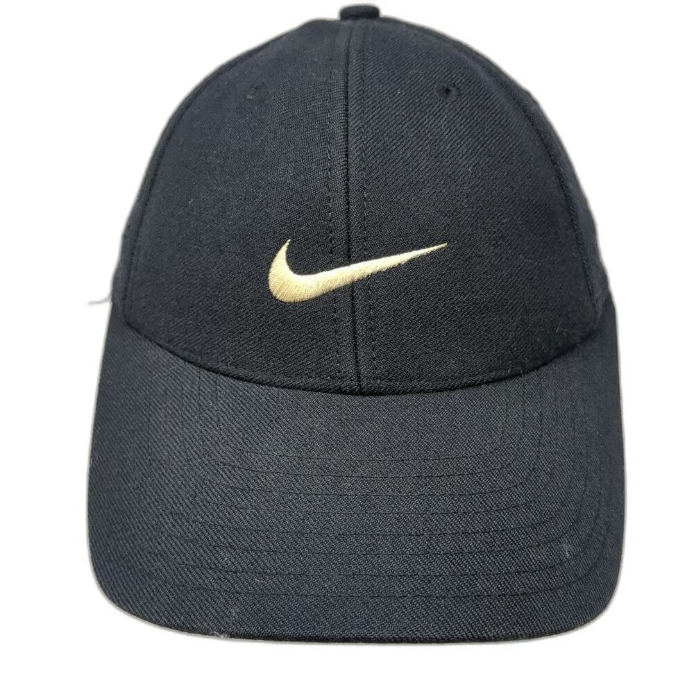 Nike Baseball Cap Black 7 1/4 Fitted 100% Wool Yellow Swoosh Logo Athletic Hat